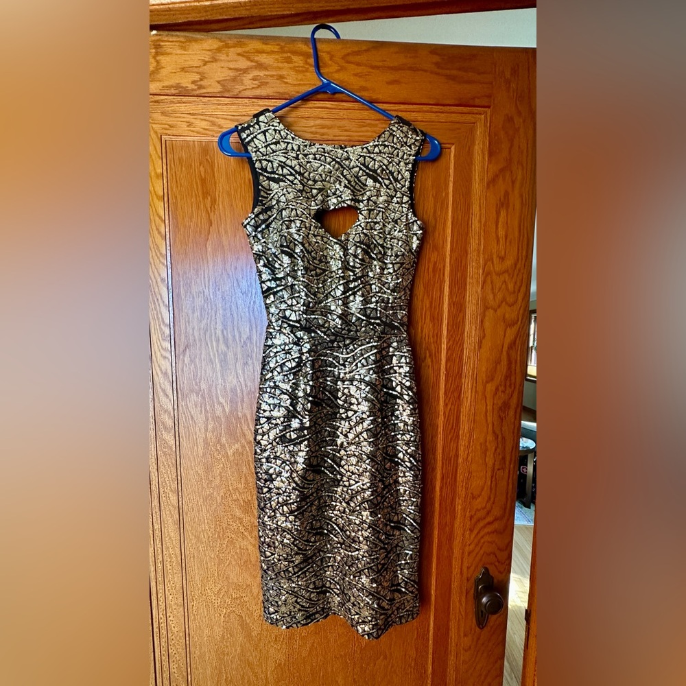 Holiday Party Dress. Tatyana Black and Gold, Sequin Backless Dress